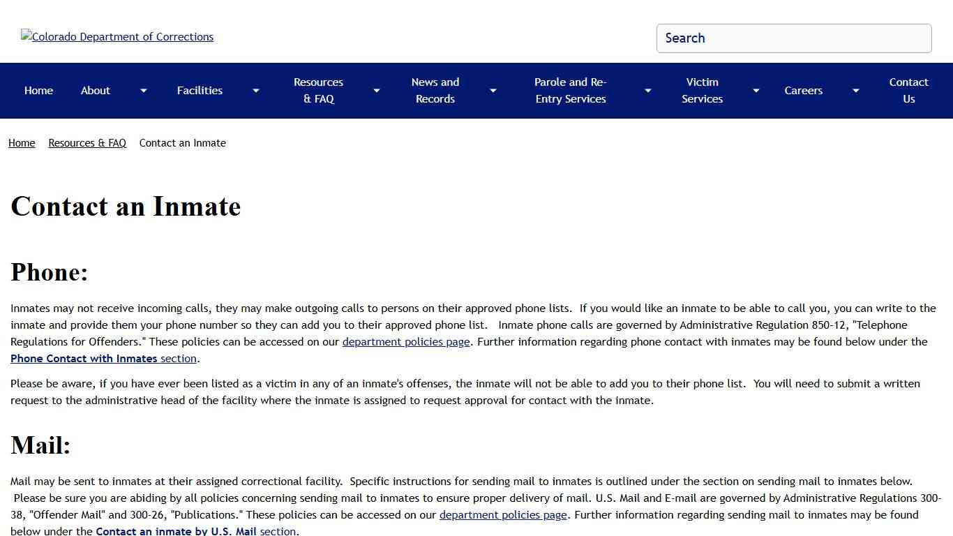 Contact an Inmate | Colorado Department of Corrections